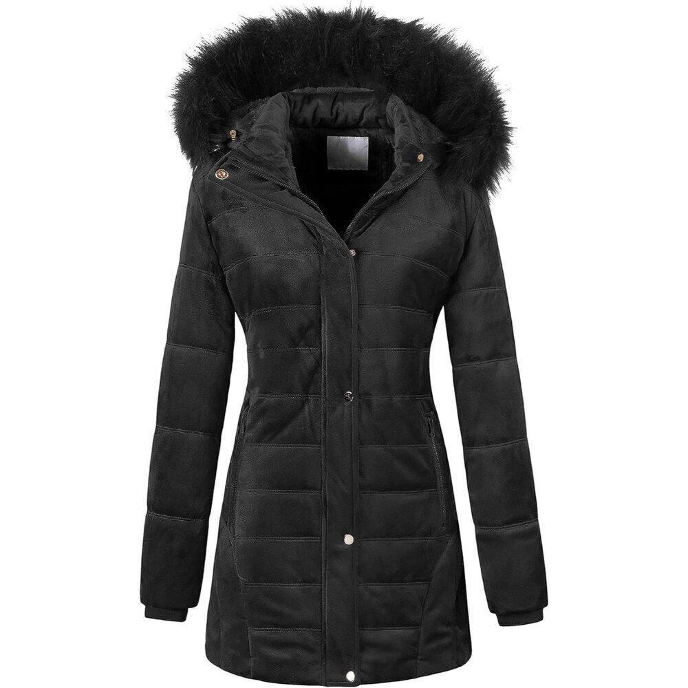Women's Warm Winter Coat Velvet Puffer Jacket Quilted Faux Fur Hood